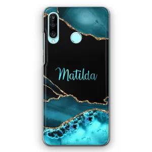 Personalised HTC Phone Hard Case with Stylish Name on Turquoise Swirl Marble