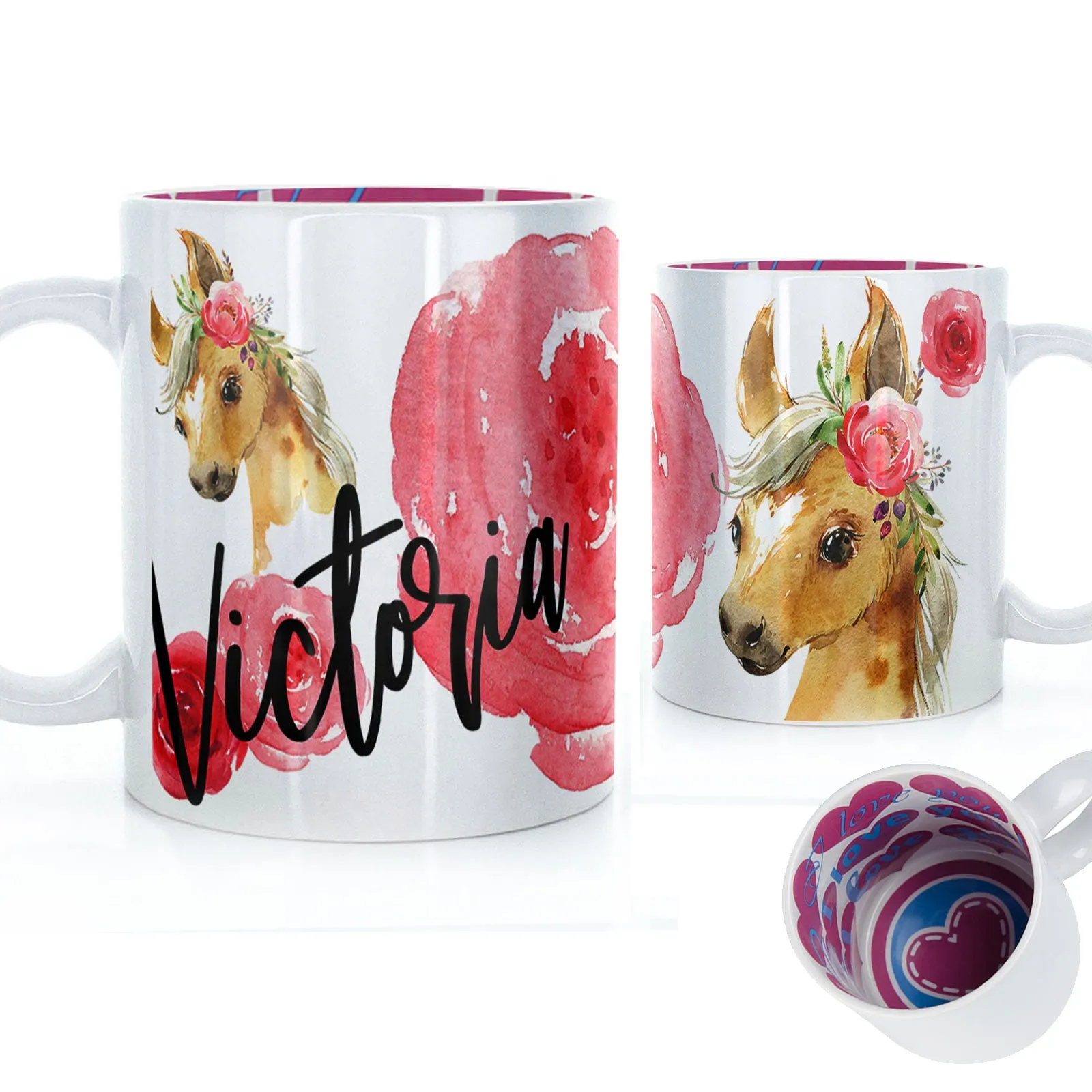 Personalised Mug with Stylish Text and Rose Horse