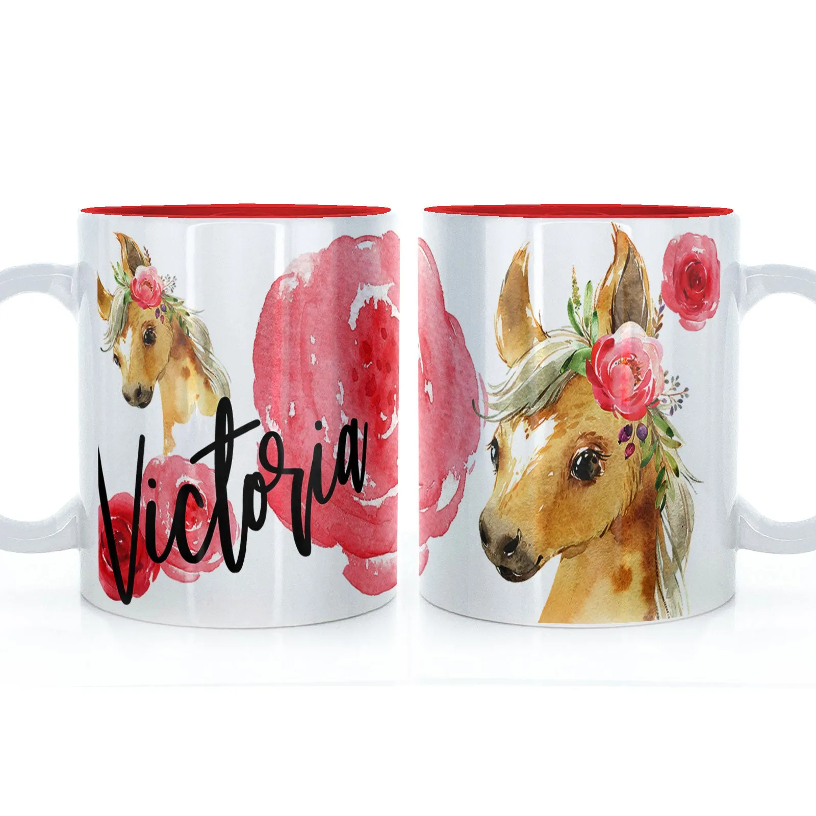 Personalised Mug with Stylish Text and Rose Horse