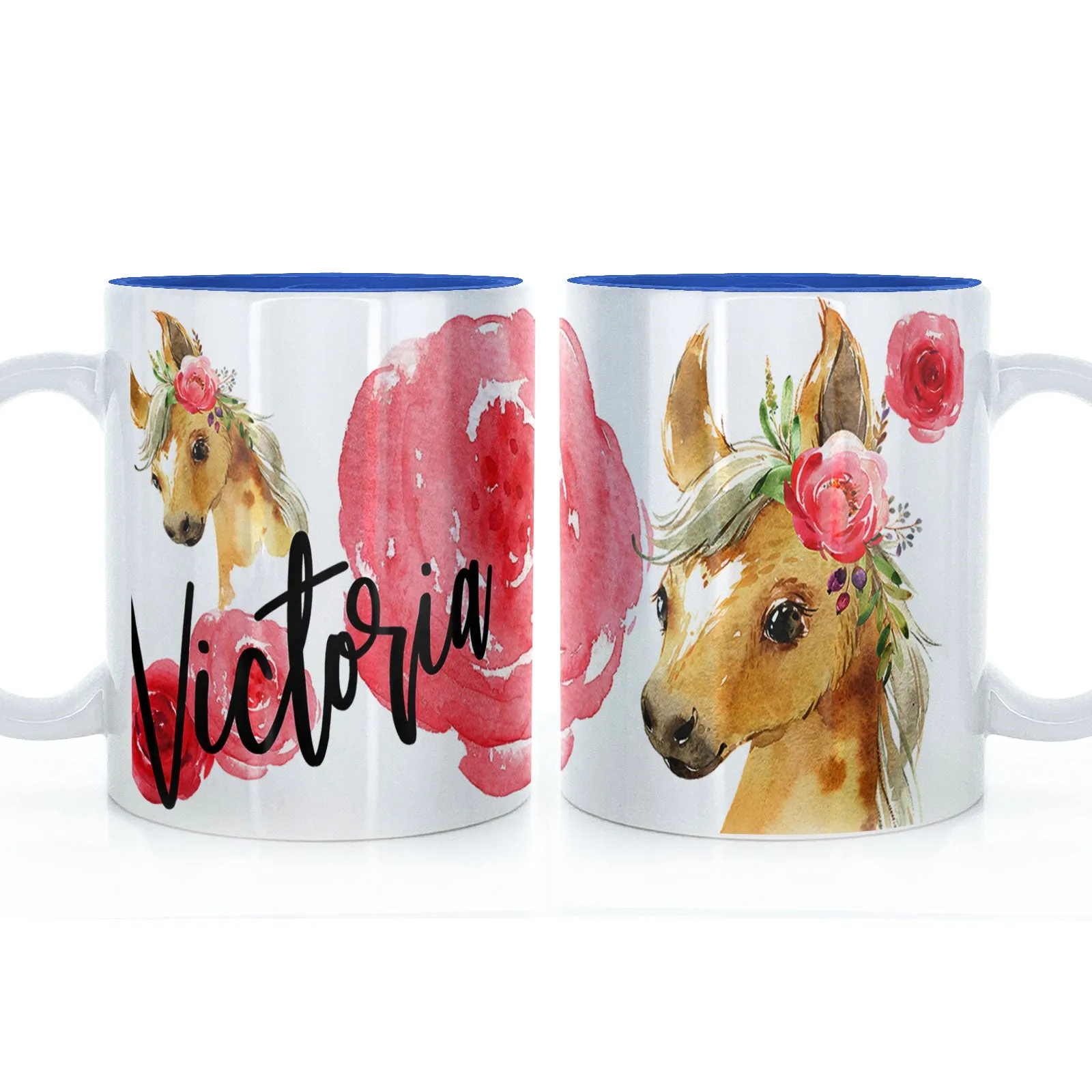 Personalised Mug with Stylish Text and Rose Horse