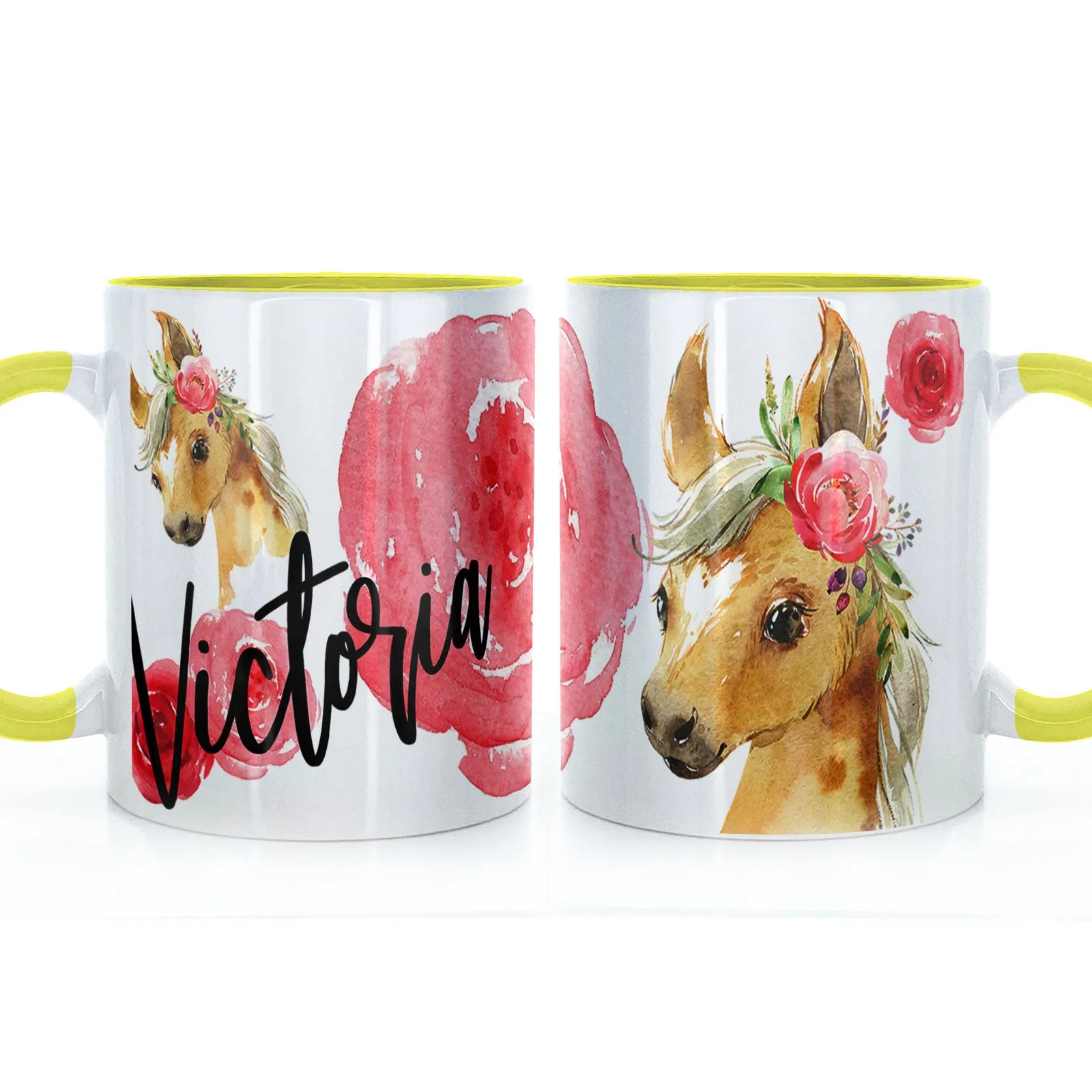Personalised Mug with Stylish Text and Rose Horse