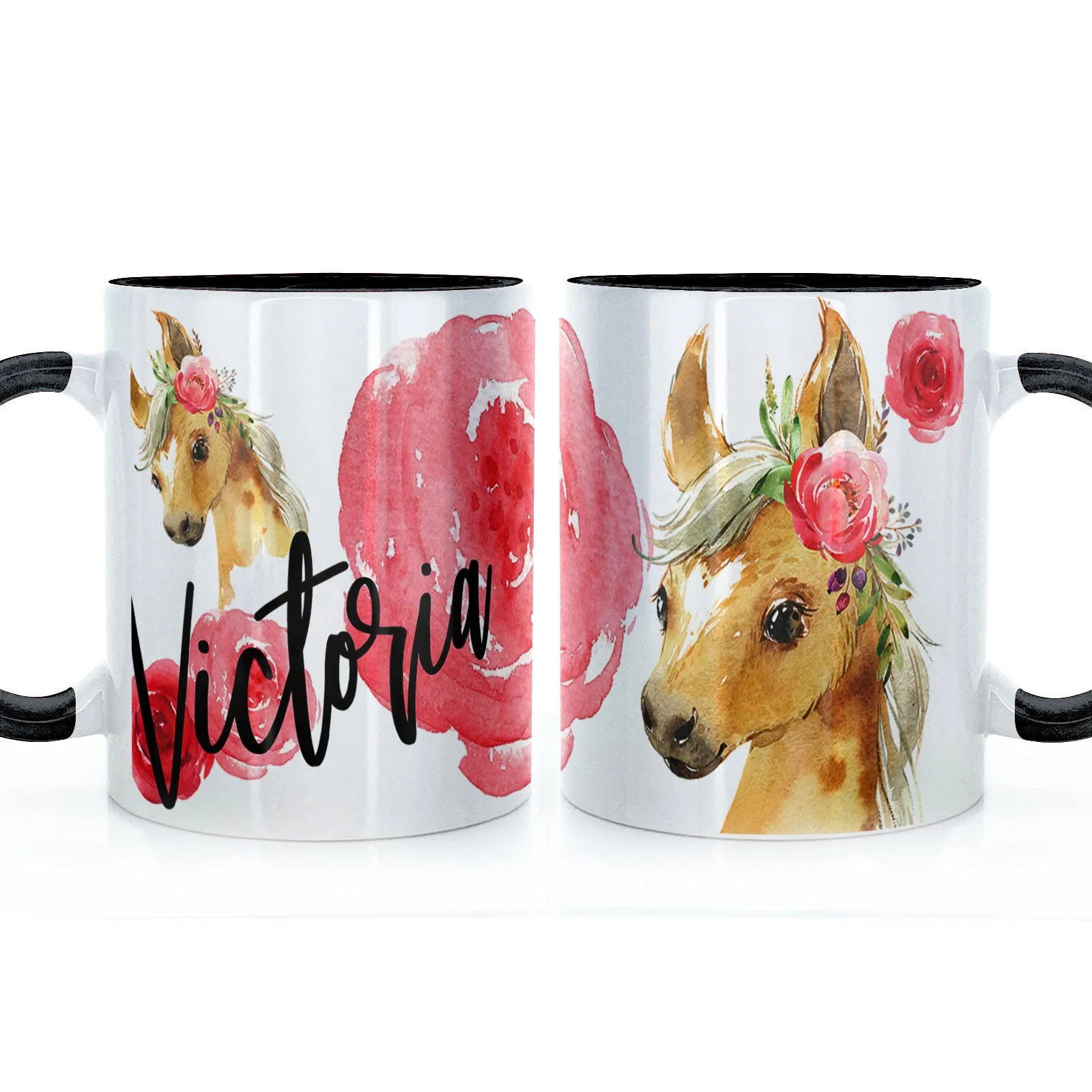 Personalised Mug with Stylish Text and Rose Horse
