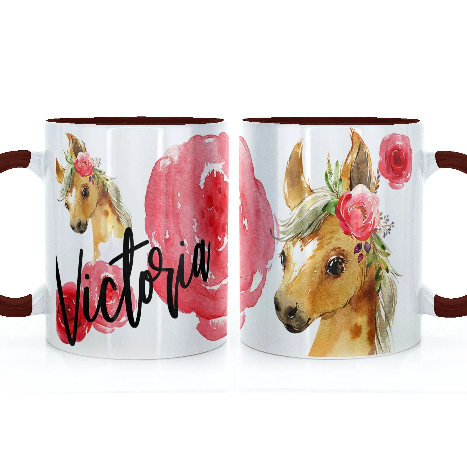 Personalised Mug with Stylish Text and Rose Horse
