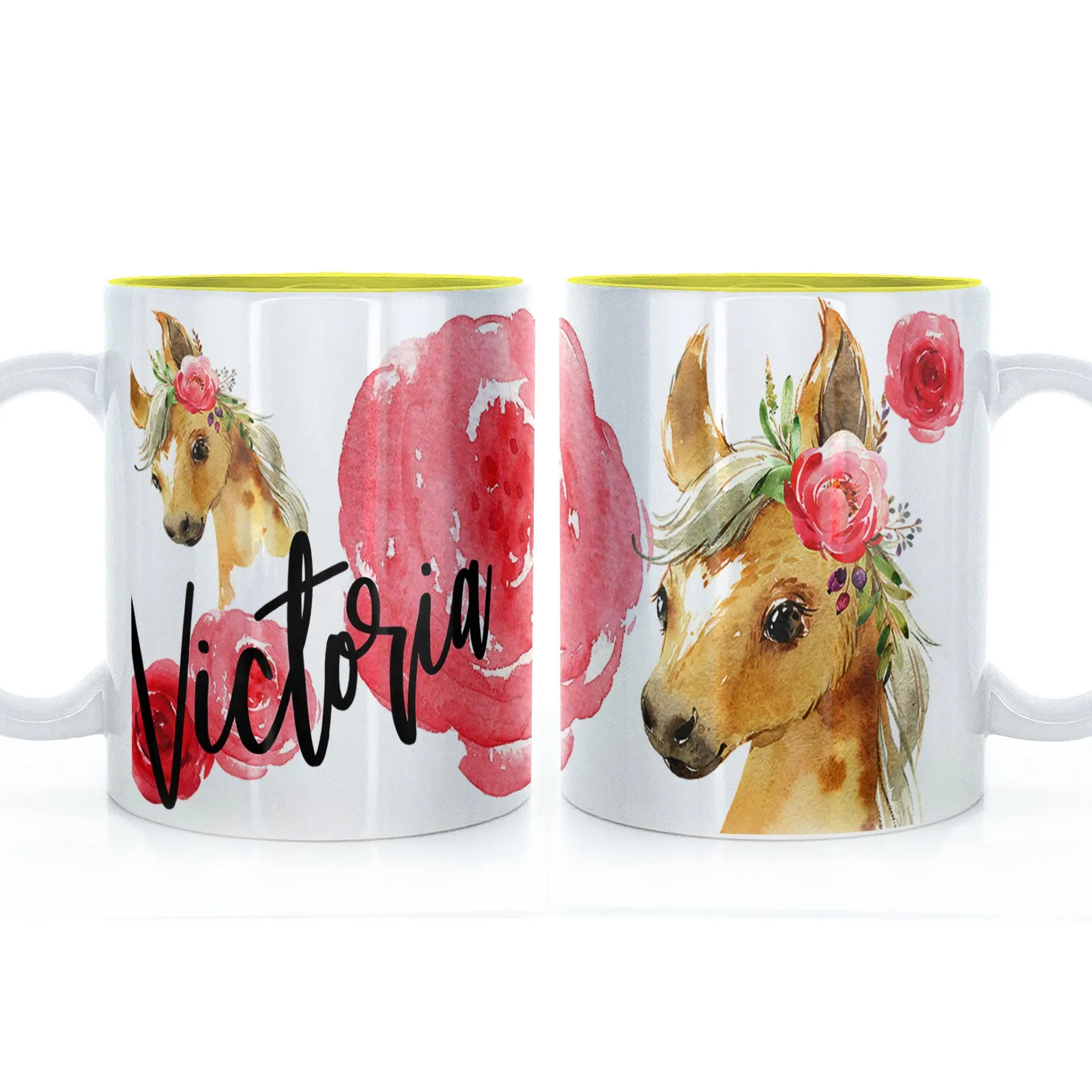 Personalised Mug with Stylish Text and Rose Horse