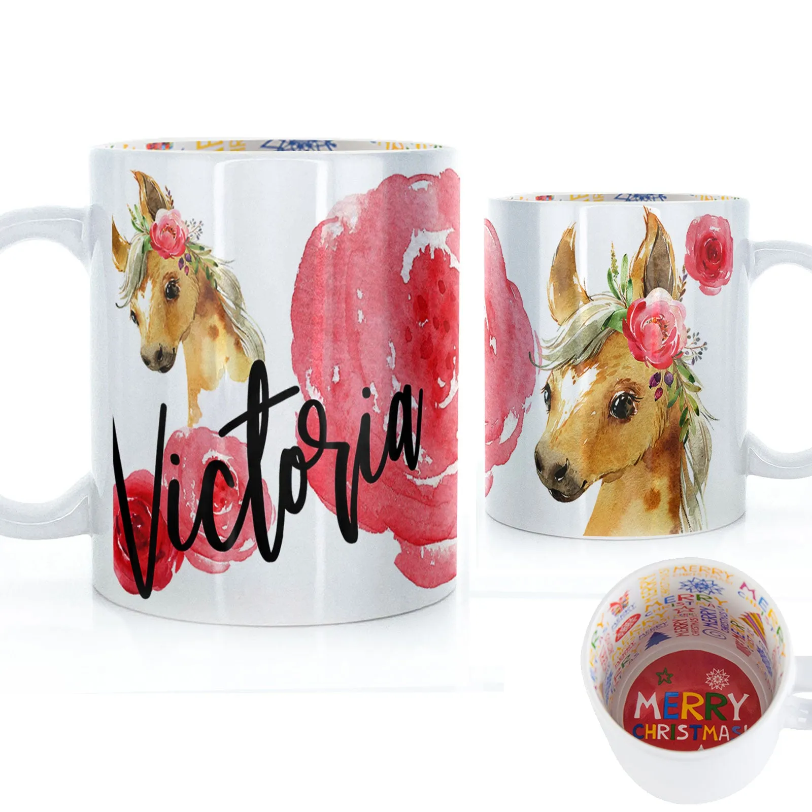 Personalised Mug with Stylish Text and Rose Horse