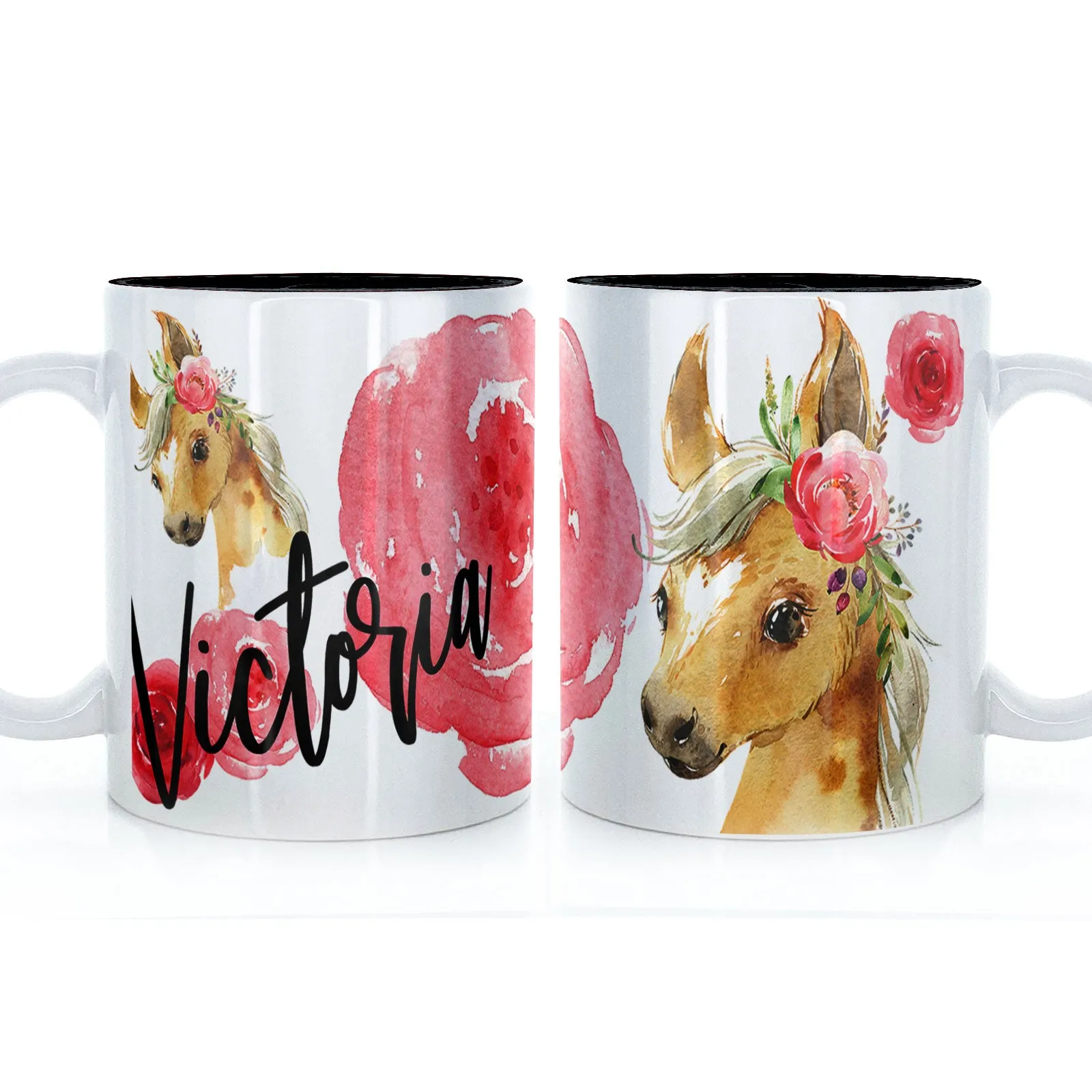 Personalised Mug with Stylish Text and Rose Horse