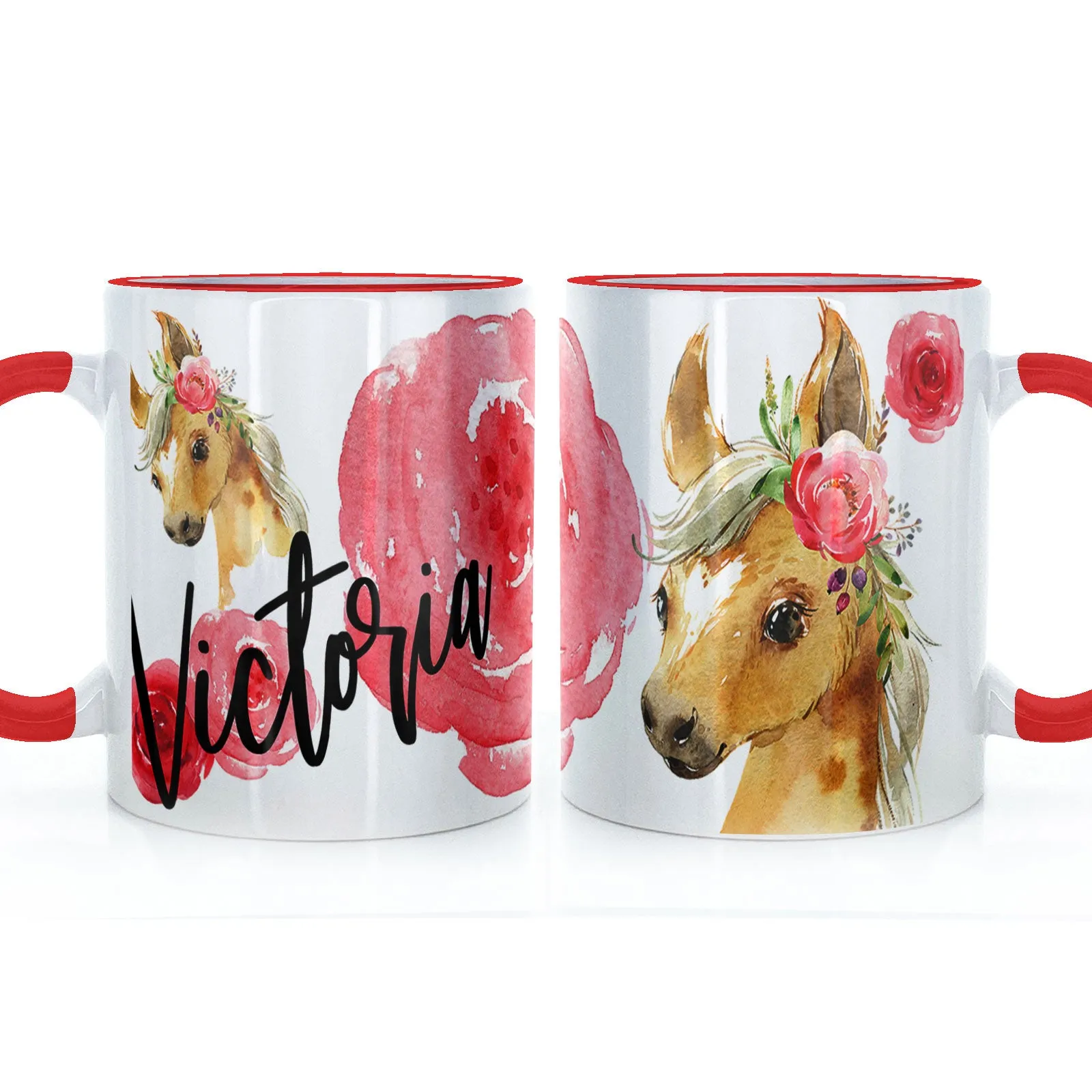 Personalised Mug with Stylish Text and Rose Horse