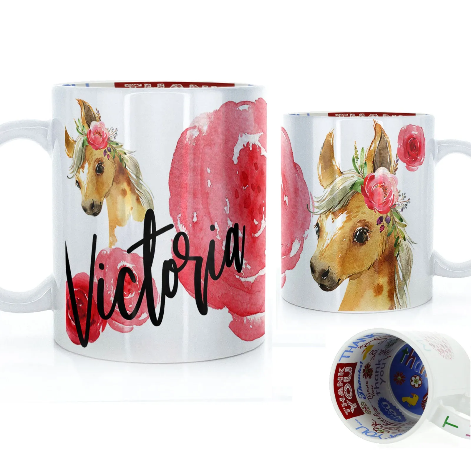 Personalised Mug with Stylish Text and Rose Horse