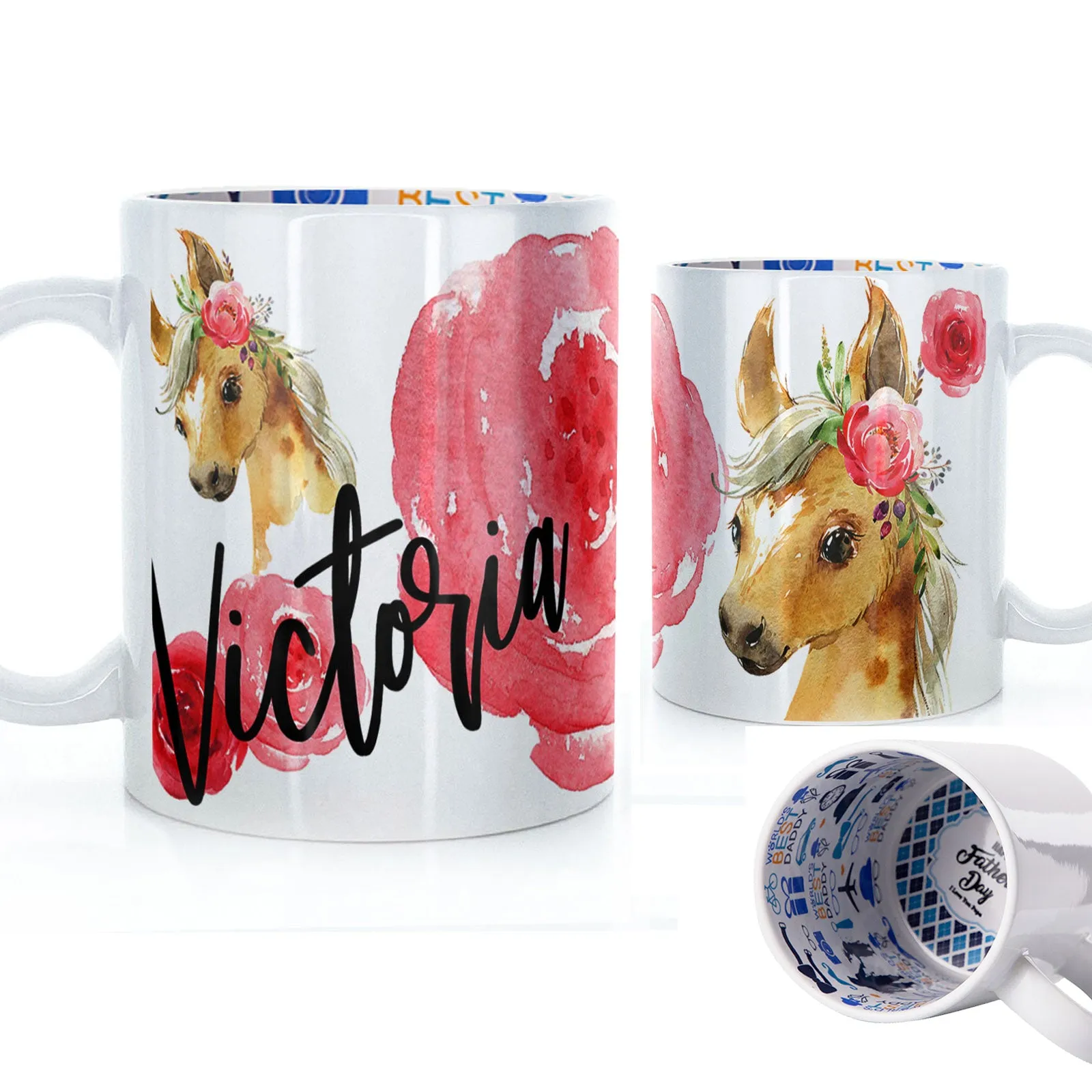 Personalised Mug with Stylish Text and Rose Horse