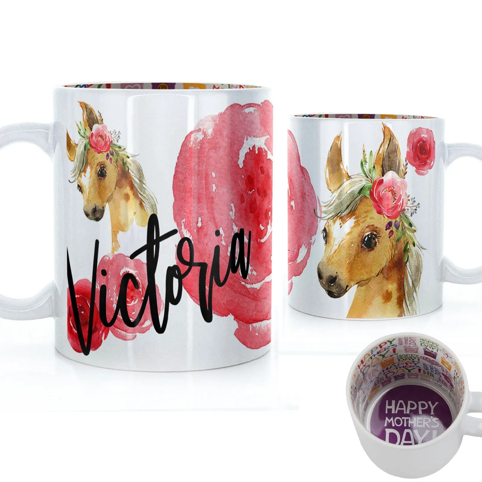Personalised Mug with Stylish Text and Rose Horse