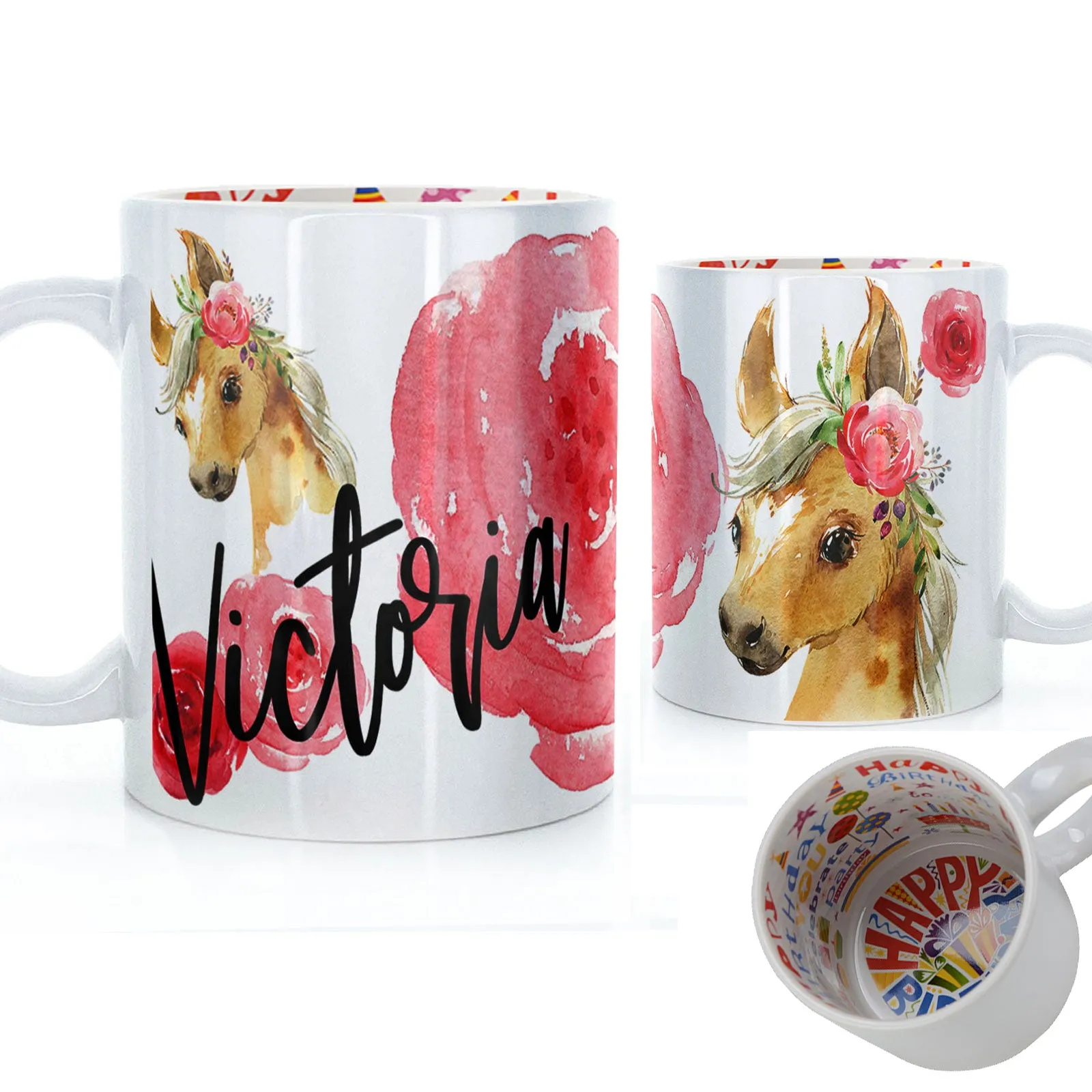 Personalised Mug with Stylish Text and Rose Horse