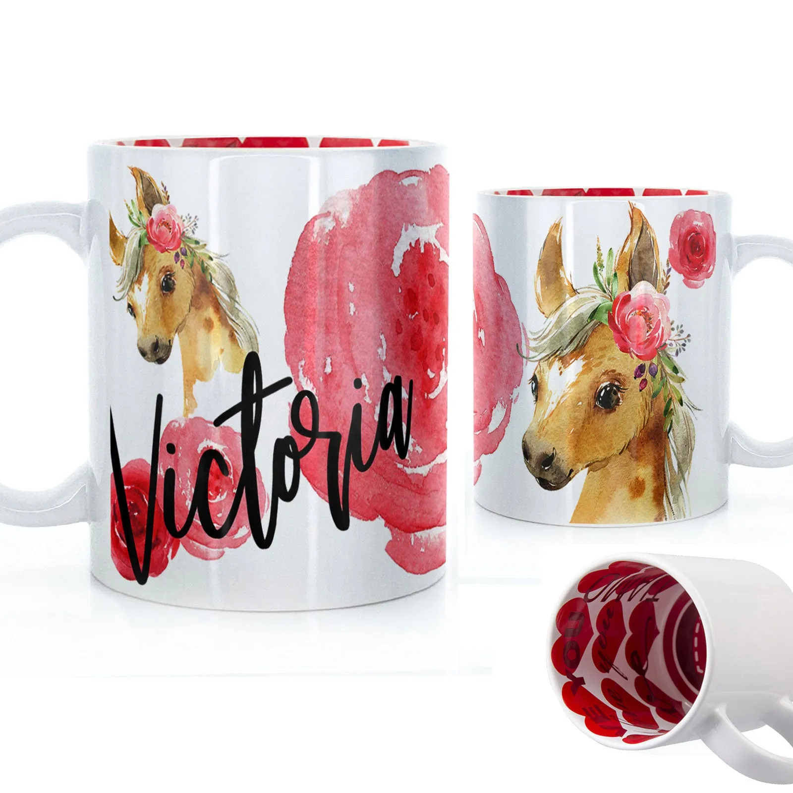 Personalised Mug with Stylish Text and Rose Horse