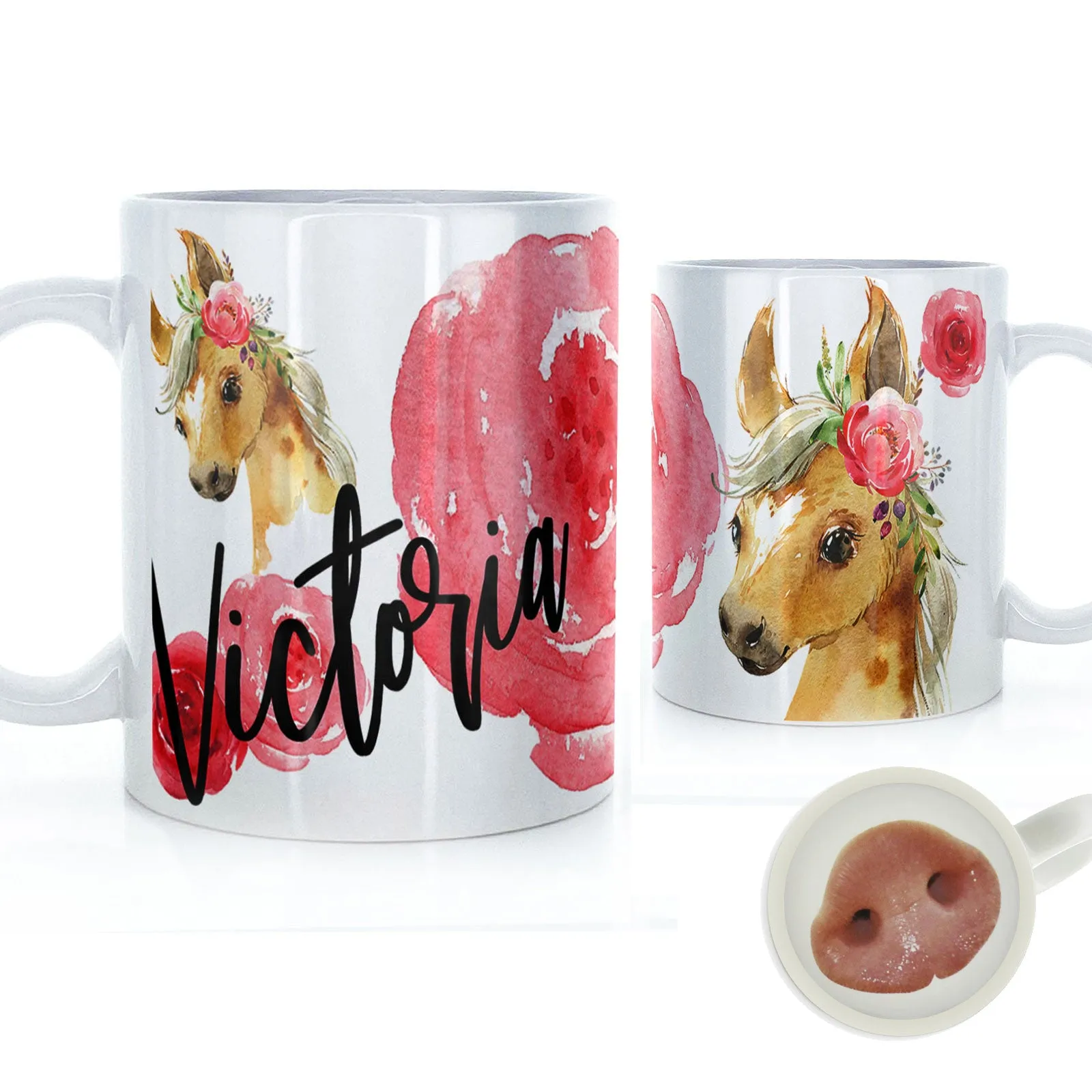 Personalised Mug with Stylish Text and Rose Horse