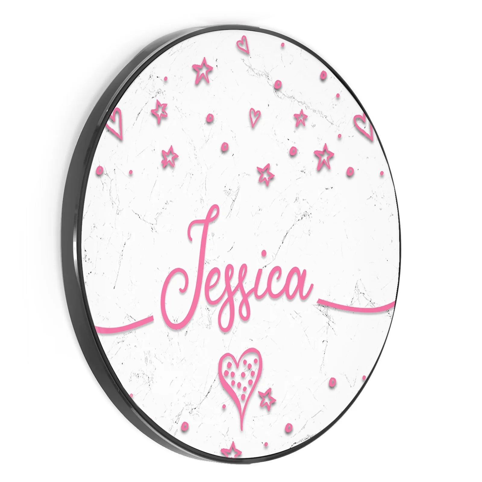 Personalised Wireless Charger with Pink Stylish text, Stars and Hearts on White Marble
