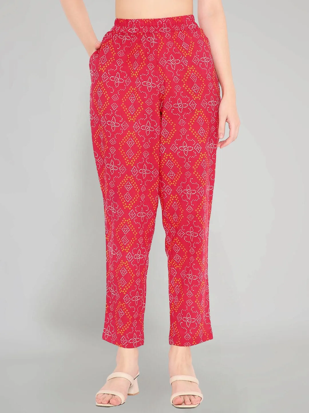 Pink Bandhani Print Straight Fit Slip-on Trouser