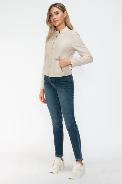 PU Leather Zip Up Jacket with Pockets