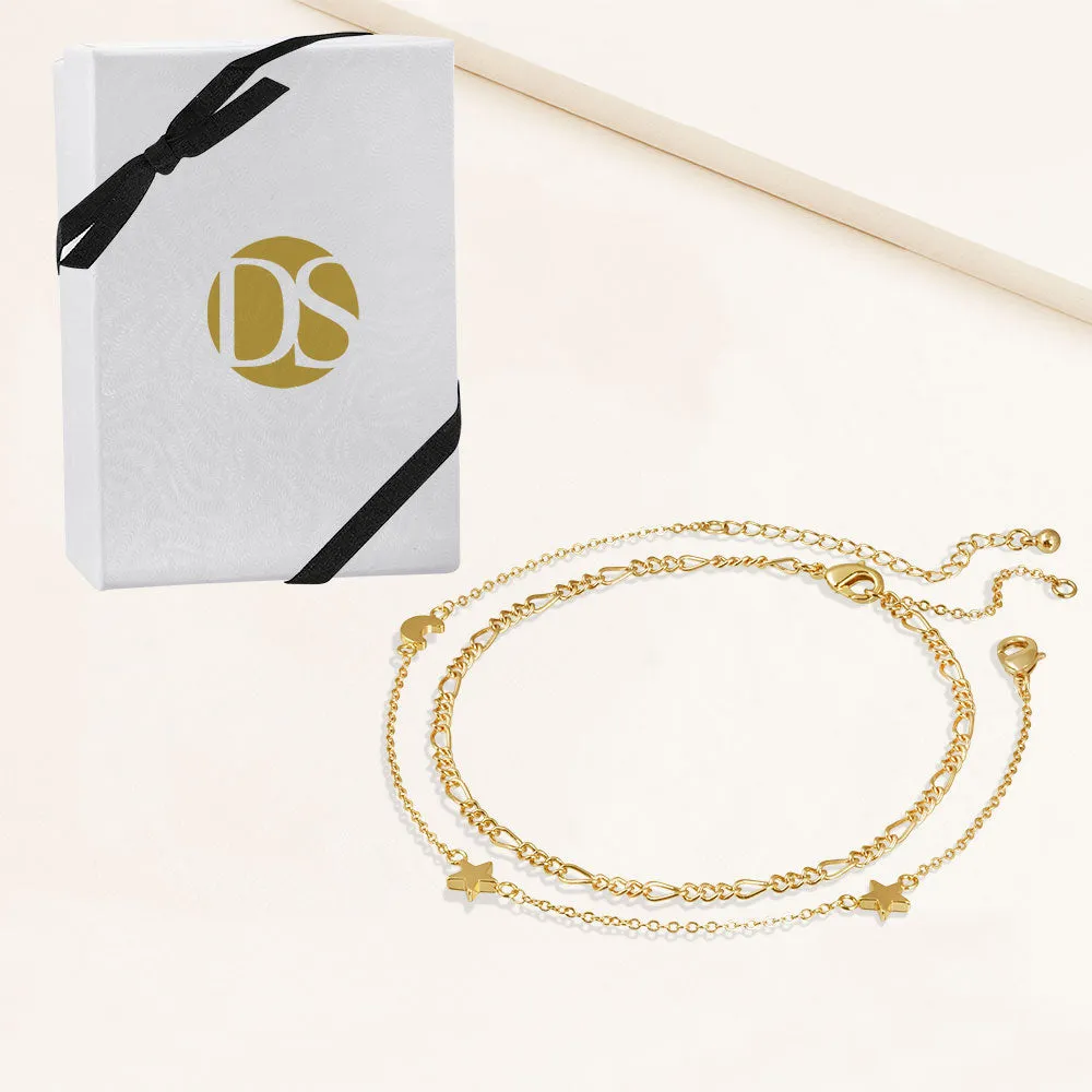 "Celestial Duo" Set of Two Charms and Figaro Chain Anklets