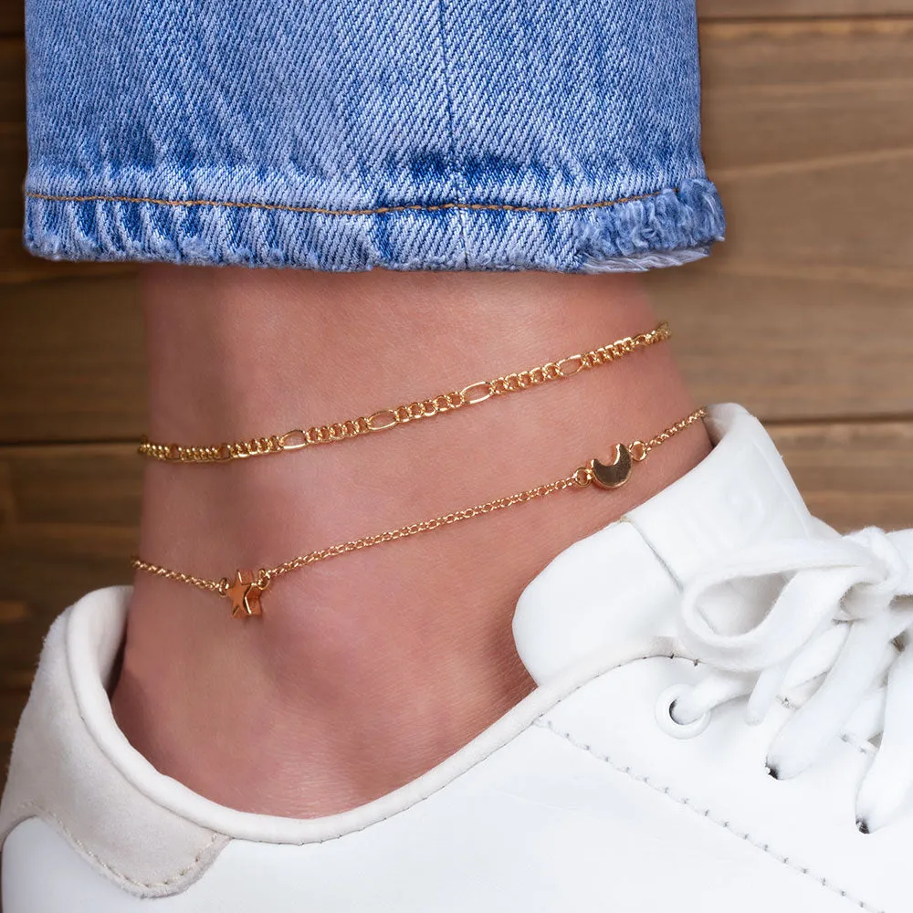 "Celestial Duo" Set of Two Charms and Figaro Chain Anklets
