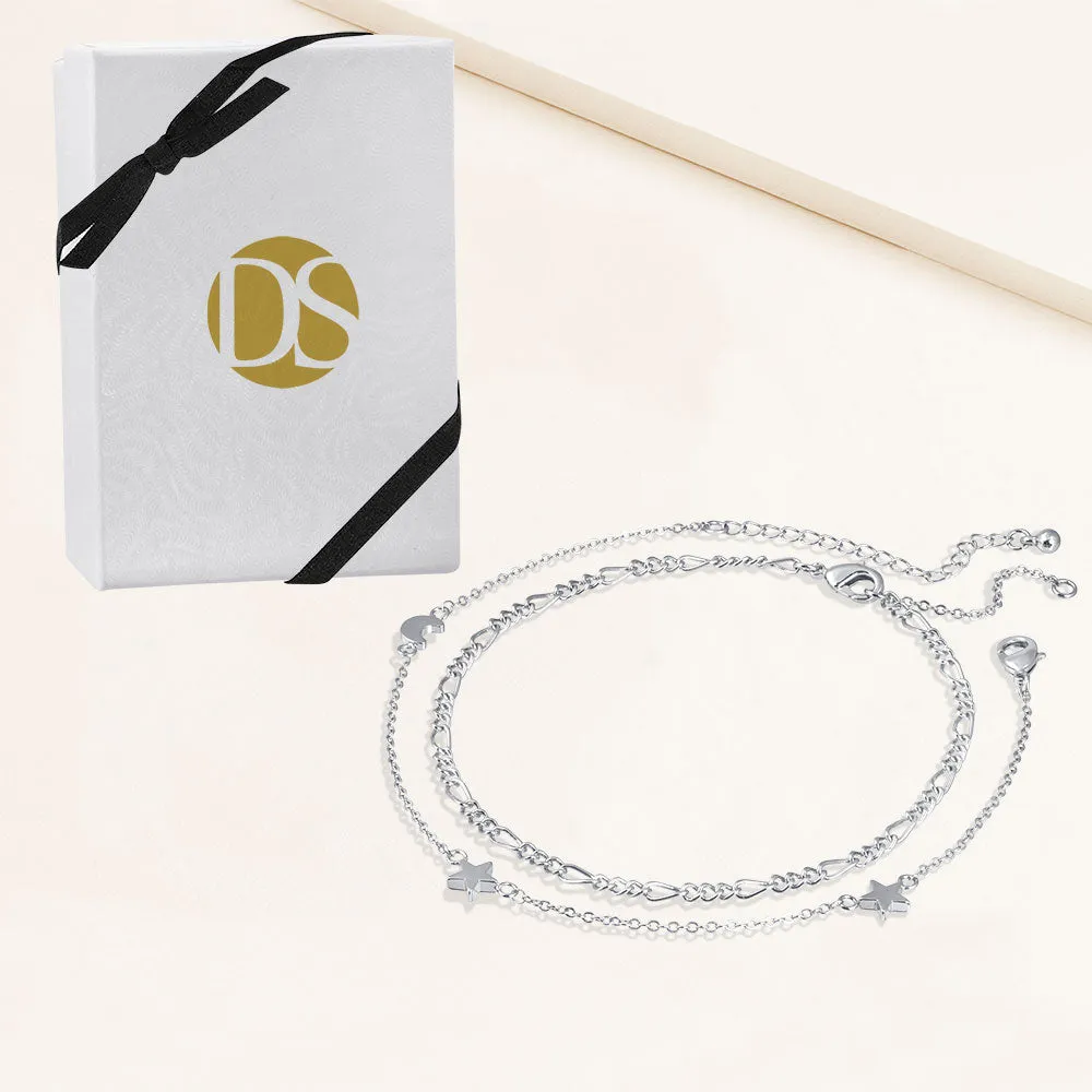 "Celestial Duo" Set of Two Charms and Figaro Chain Anklets