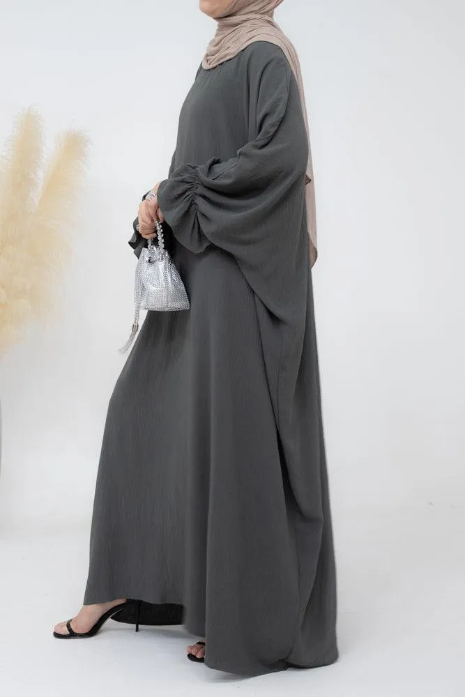 Radwa batwing abaya with ruched sleeve and loose cut in dark grey