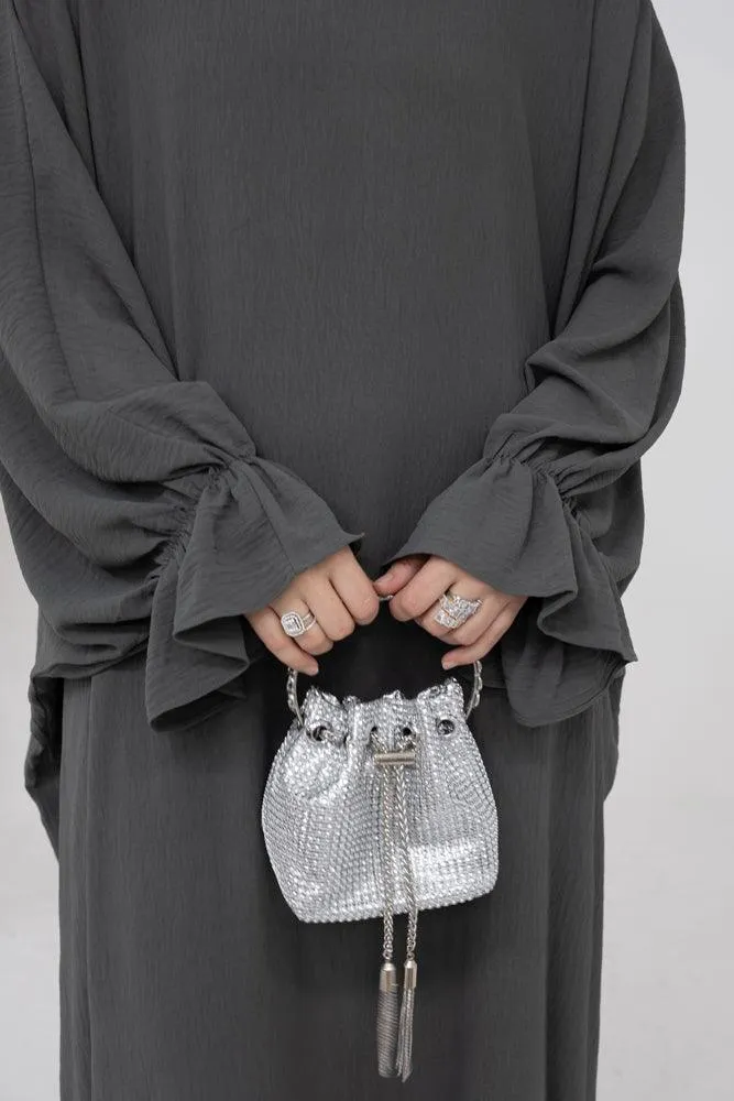 Radwa batwing abaya with ruched sleeve and loose cut in dark grey