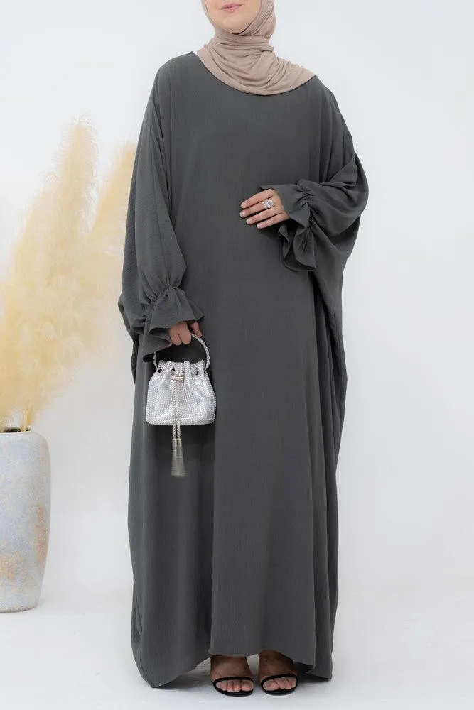 Radwa batwing abaya with ruched sleeve and loose cut in dark grey