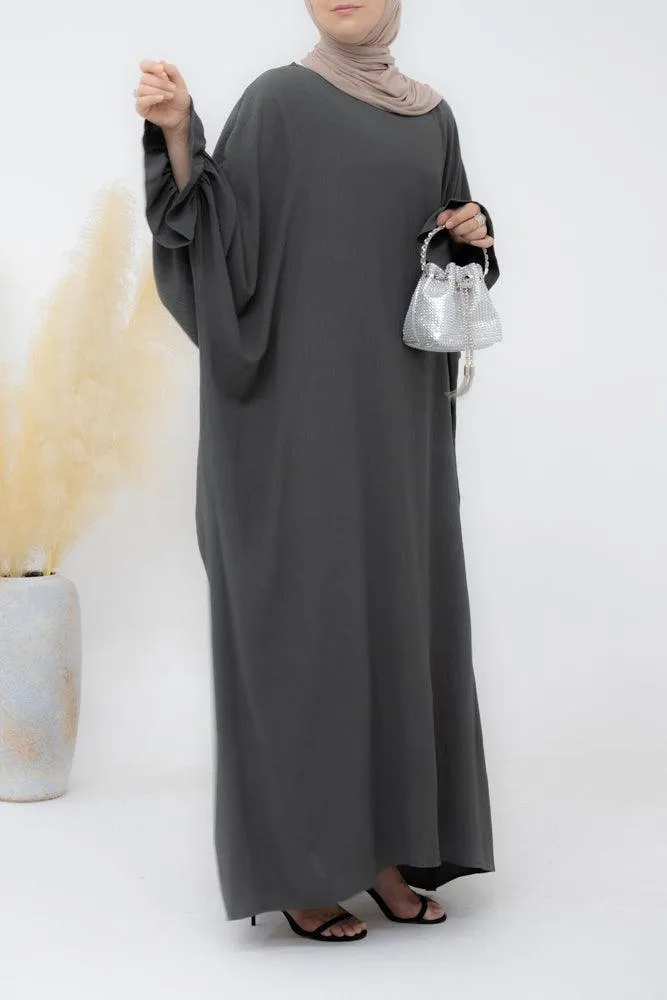 Radwa batwing abaya with ruched sleeve and loose cut in dark grey