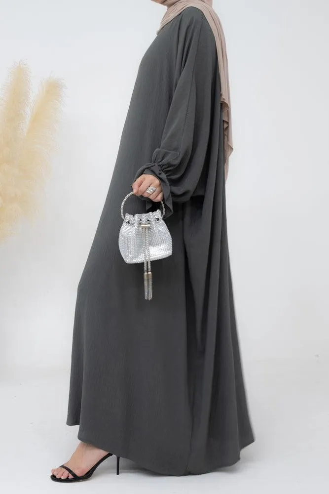 Radwa batwing abaya with ruched sleeve and loose cut in dark grey