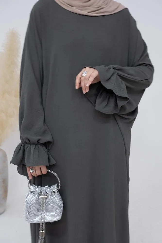 Radwa batwing abaya with ruched sleeve and loose cut in dark grey
