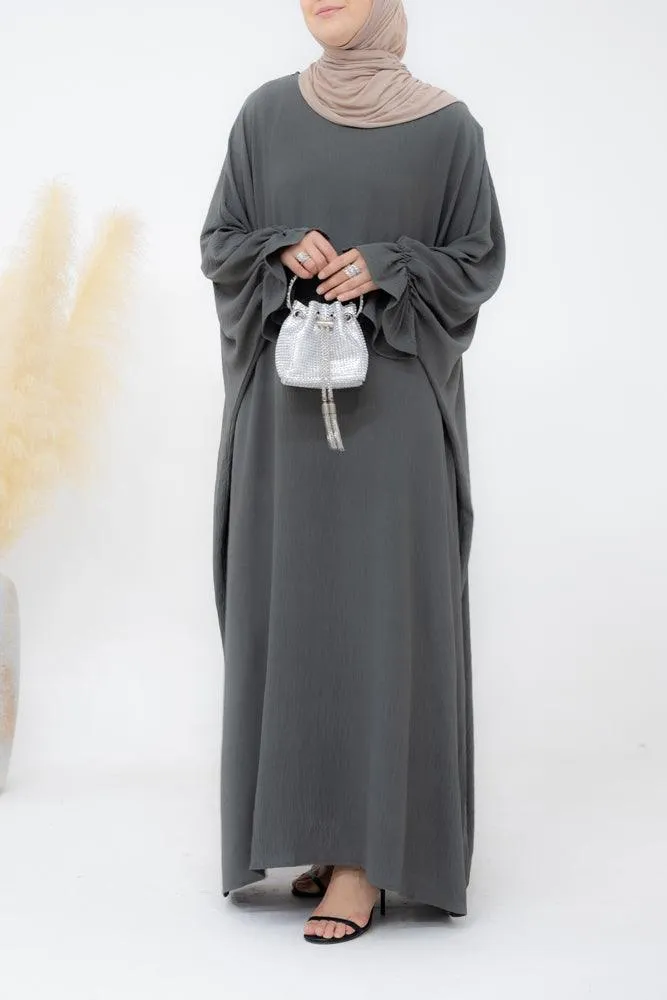 Radwa batwing abaya with ruched sleeve and loose cut in dark grey