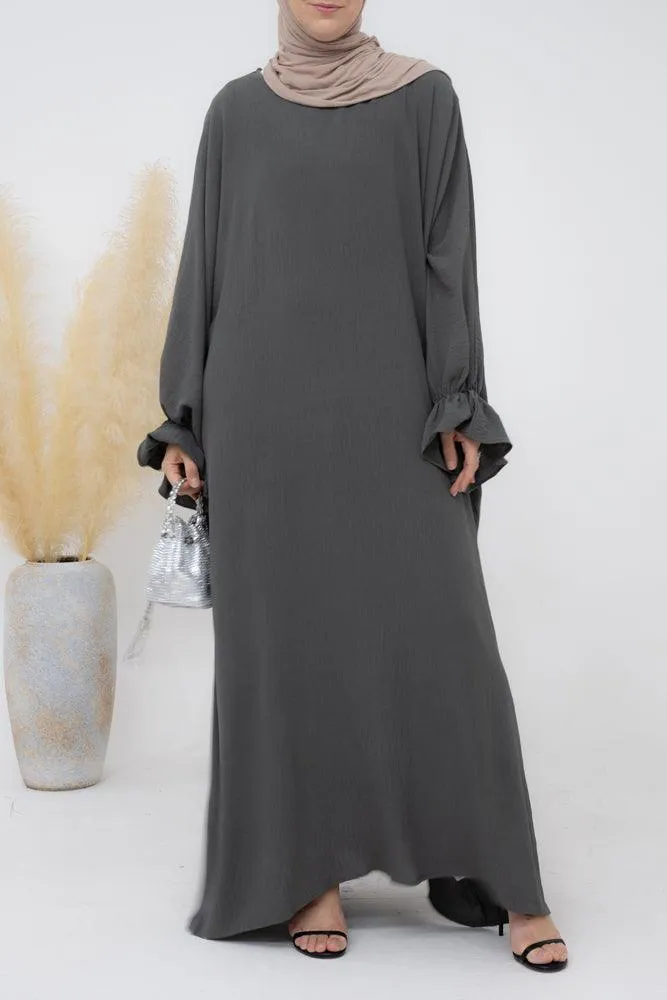 Radwa batwing abaya with ruched sleeve and loose cut in dark grey