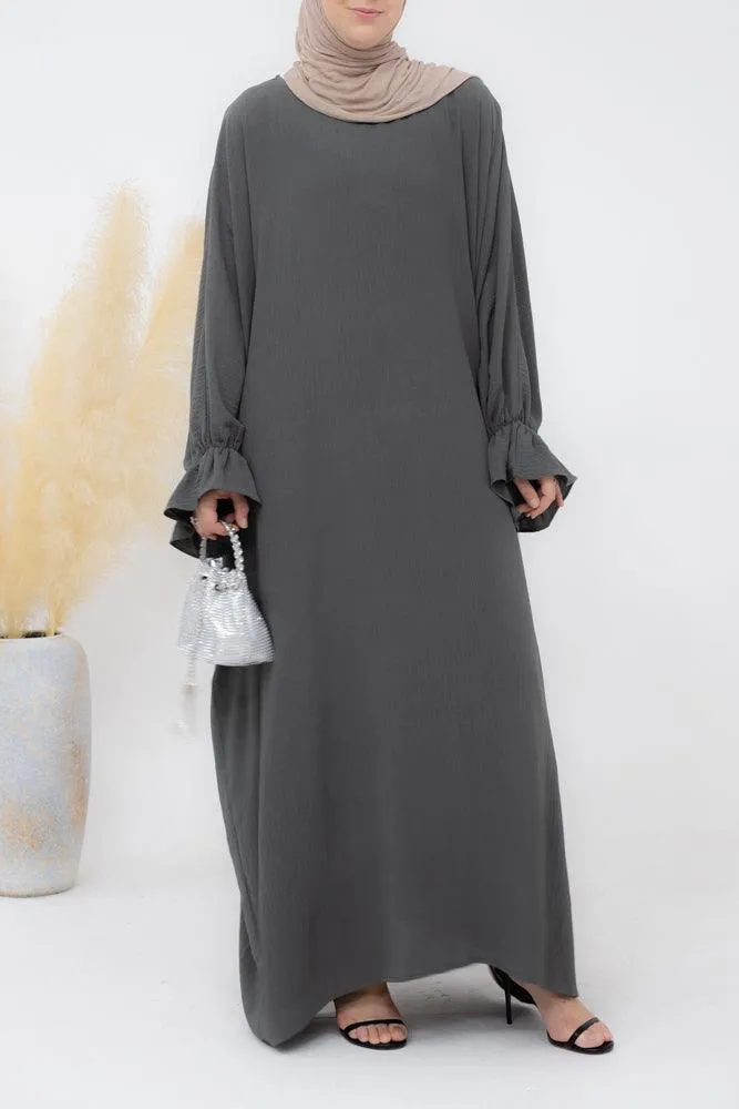 Radwa batwing abaya with ruched sleeve and loose cut in dark grey