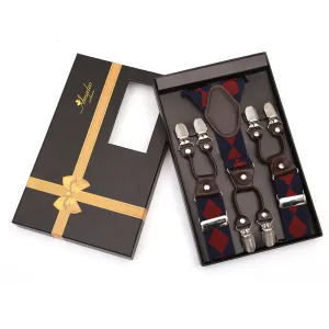 Red Blue Checkers Dual Clip On Elastic suspenders for Men - Adjustable Y Straps For Work Pants