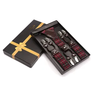 Red Check Strap Dual Clip On Elastic suspenders for Men - Adjustable Y Straps For Work Pants