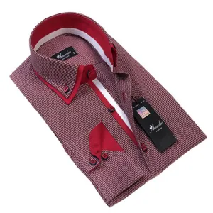 Red Checkers Mens Slim Fit Designer Dress Shirt - tailored Cotton Shirts for Work and Casual Wear