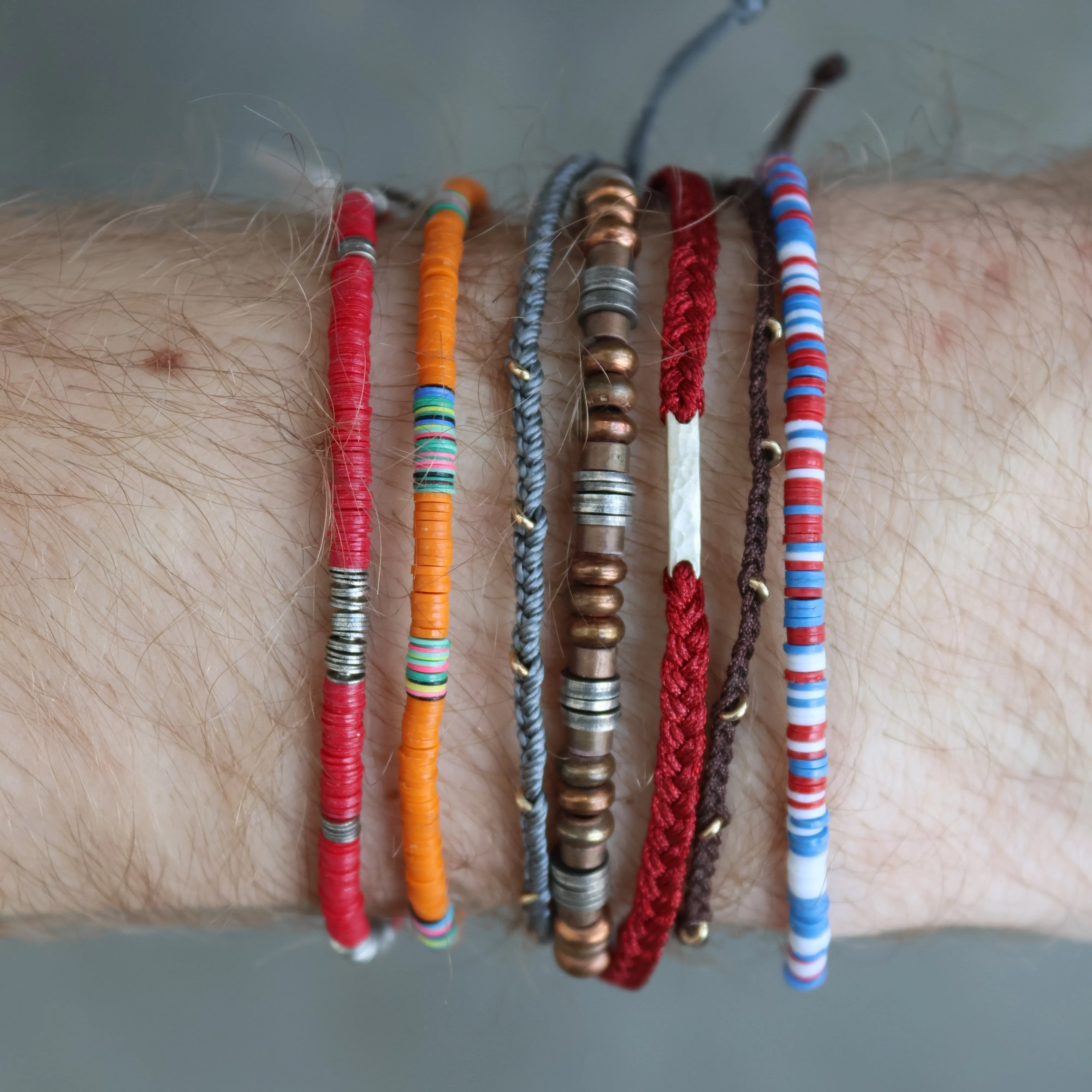 Red Macrame & Thick Silver Bar Bracelet