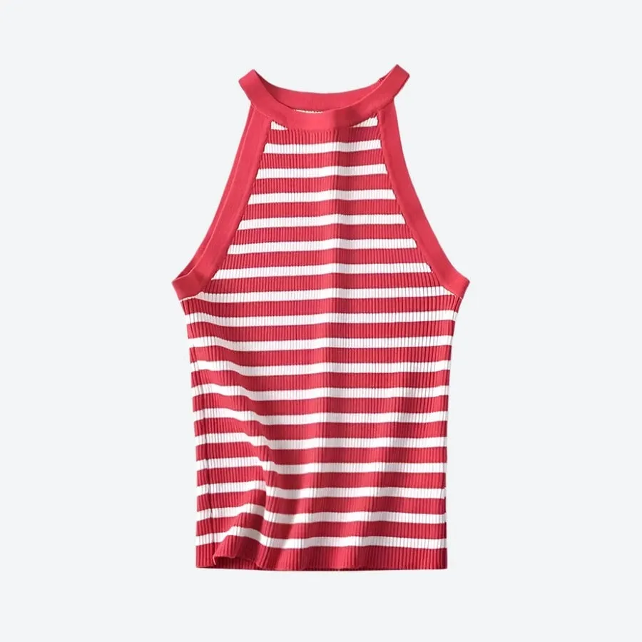 Ribbed Striped Sleeveless Casual Tops