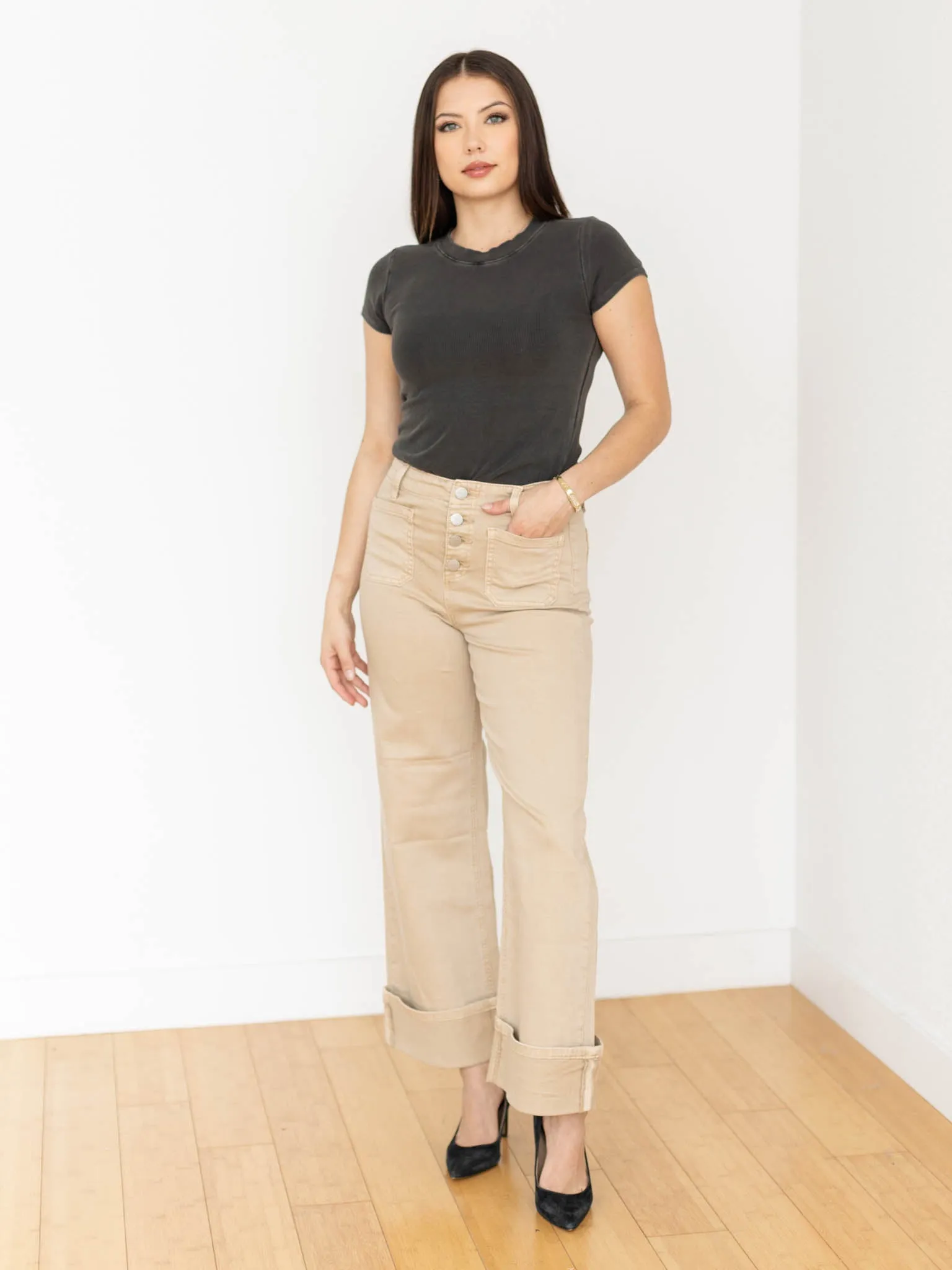 RISEN Latte High Rise Patch Pocket Wide Leg