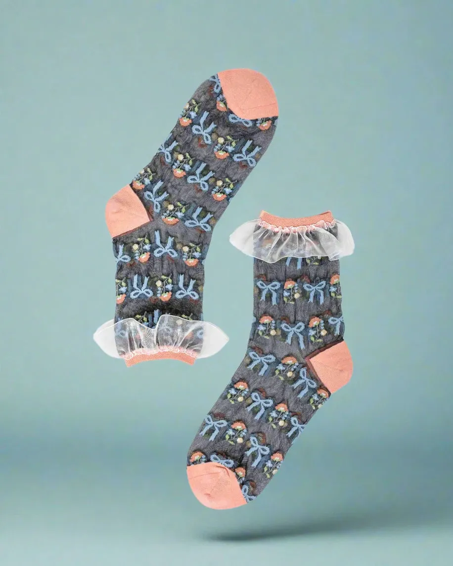 Sock Candy Floral Bow Ruffle Black Sheer Ankle Sock