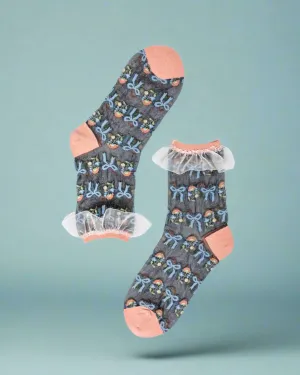 Sock Candy Floral Bow Ruffle Black Sheer Ankle Sock