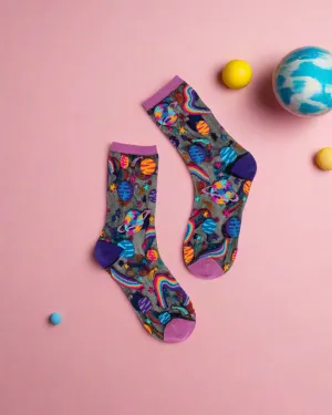 Sock Candy Pop Art Planets Black Sheer Crew Sock
