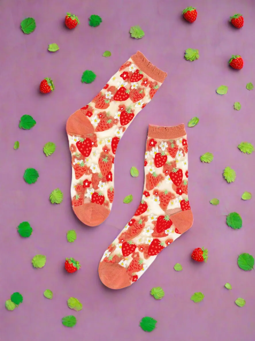 Sock Candy Strawberry Daisy Ruffle Sheer Crew Sock as seen on Chrissy Teigen