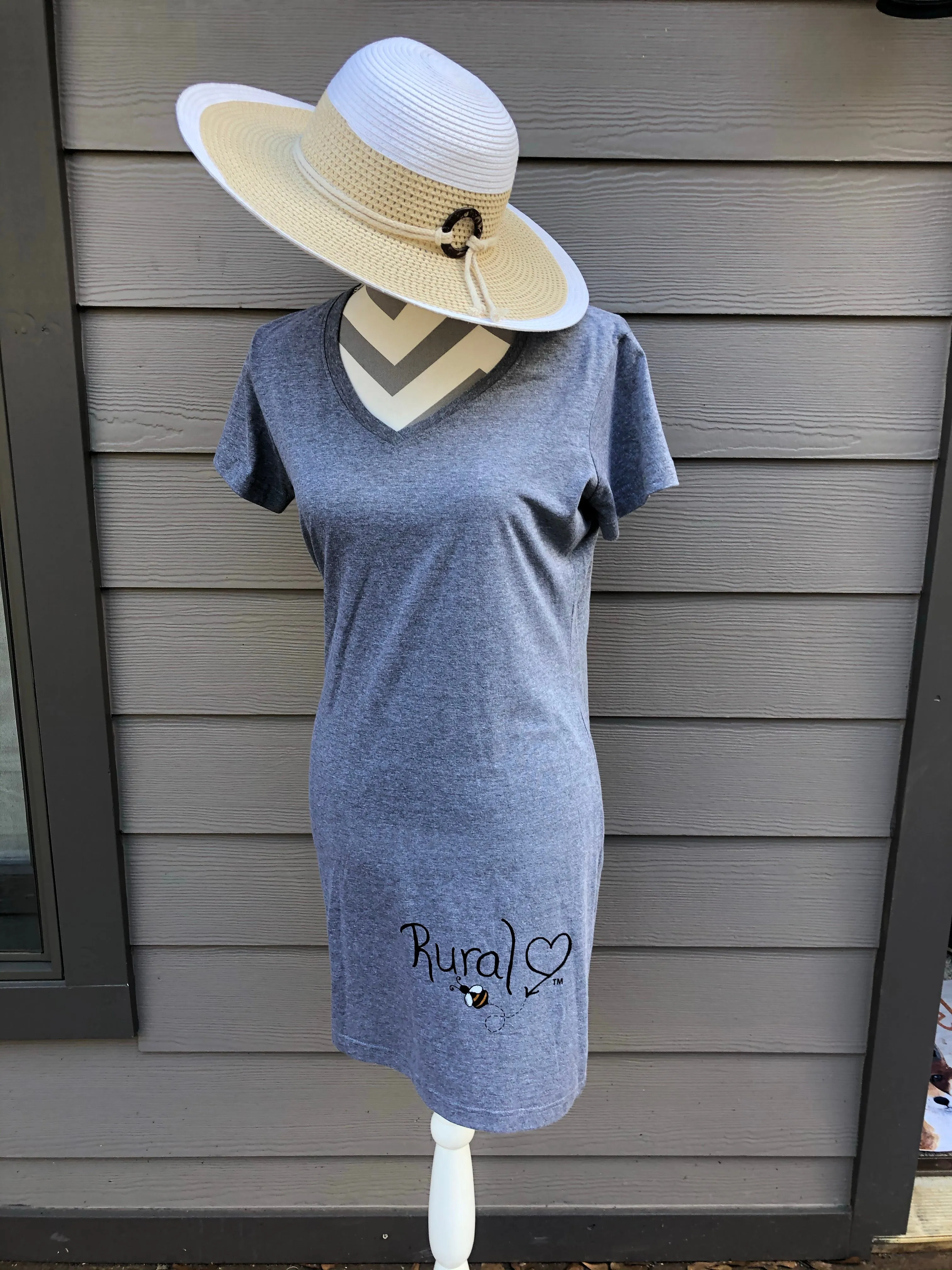 *SOLD OUT*Rural Heart by Rene’ Earnhardt V-neck T-shirt dress featuring the Rural Heart logo with bumblebee. Super cute, super comfortable casual dress for any summer day!