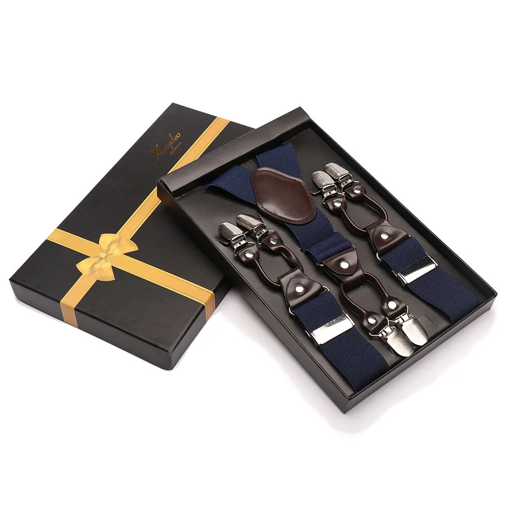 Solid Navy Blue Dual Clip On Elastic suspenders for Men - Adjustable Y Straps For Work Pants
