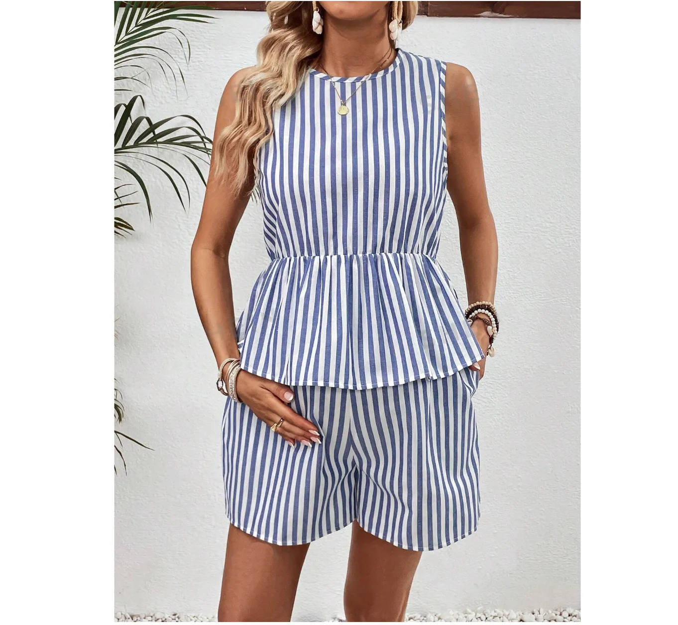 Striped Casual Top And Shorts