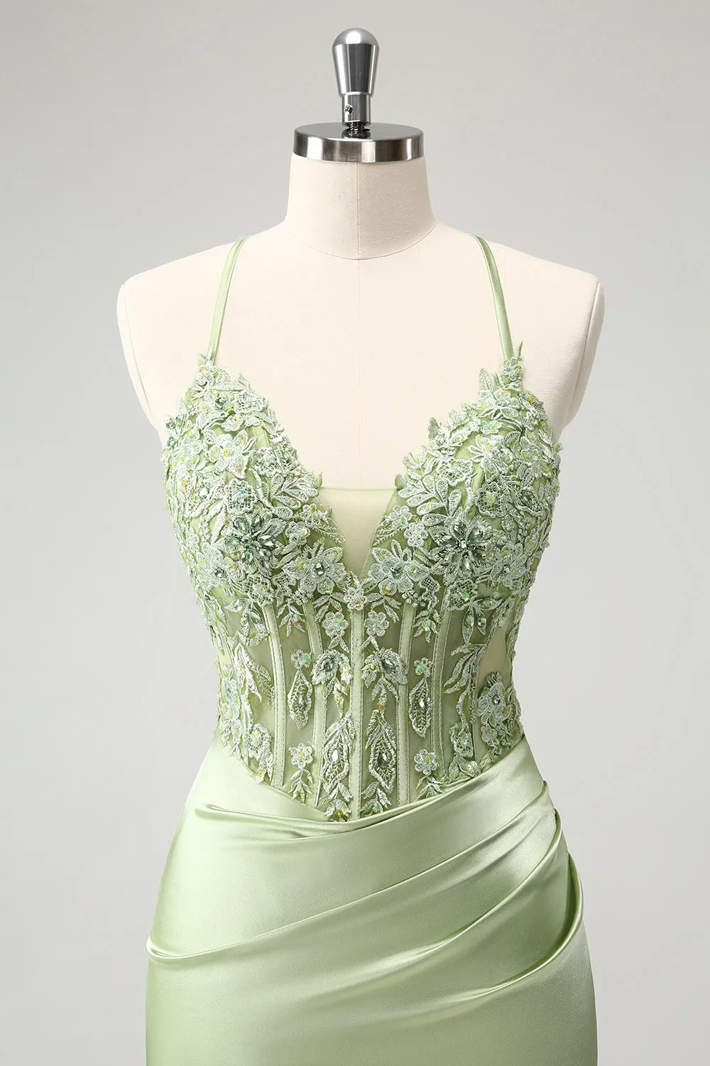 Stylish Green Sheath Criss Cross Back Corset Short Homecoming Dress with Appliques
