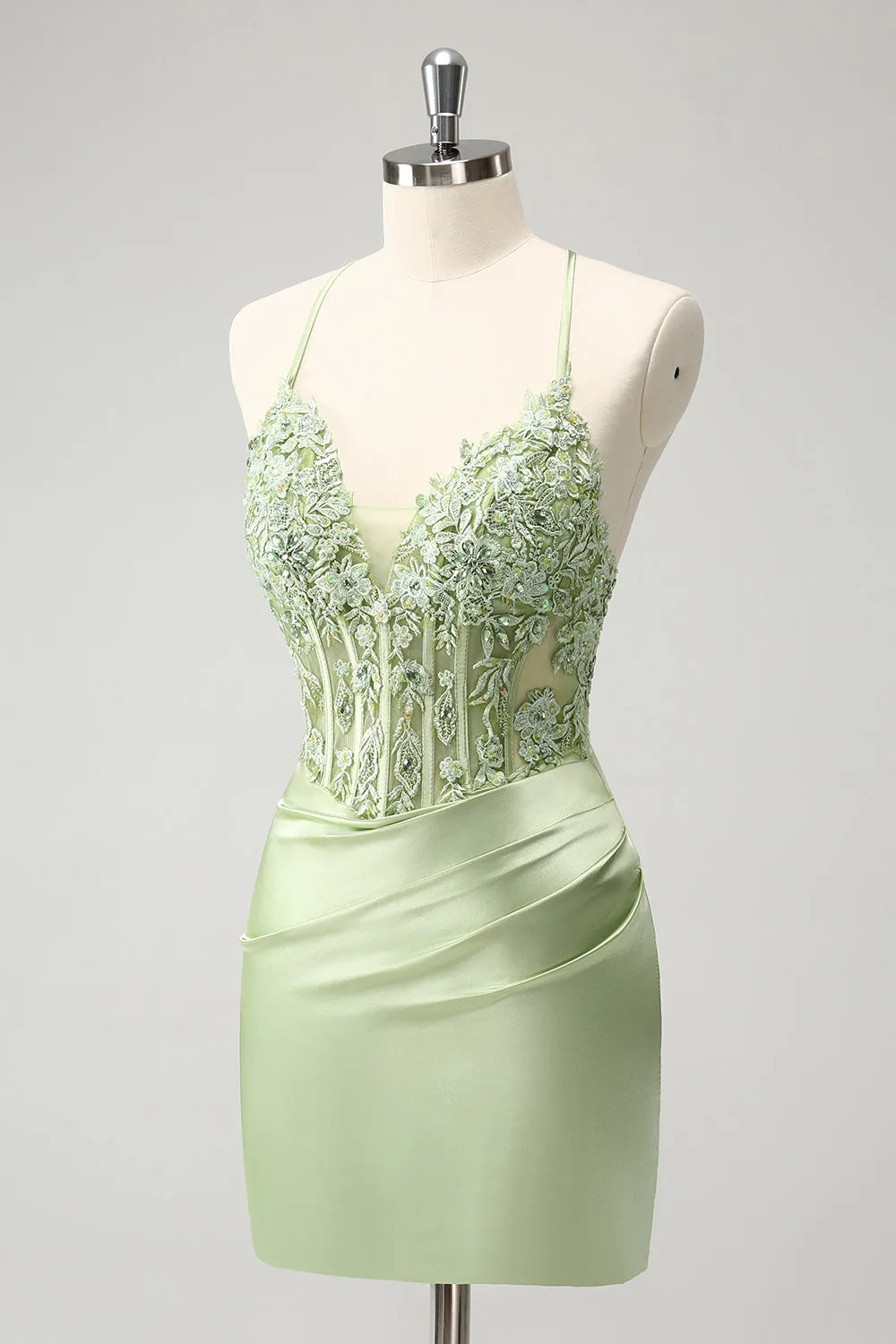 Stylish Green Sheath Criss Cross Back Corset Short Homecoming Dress with Appliques