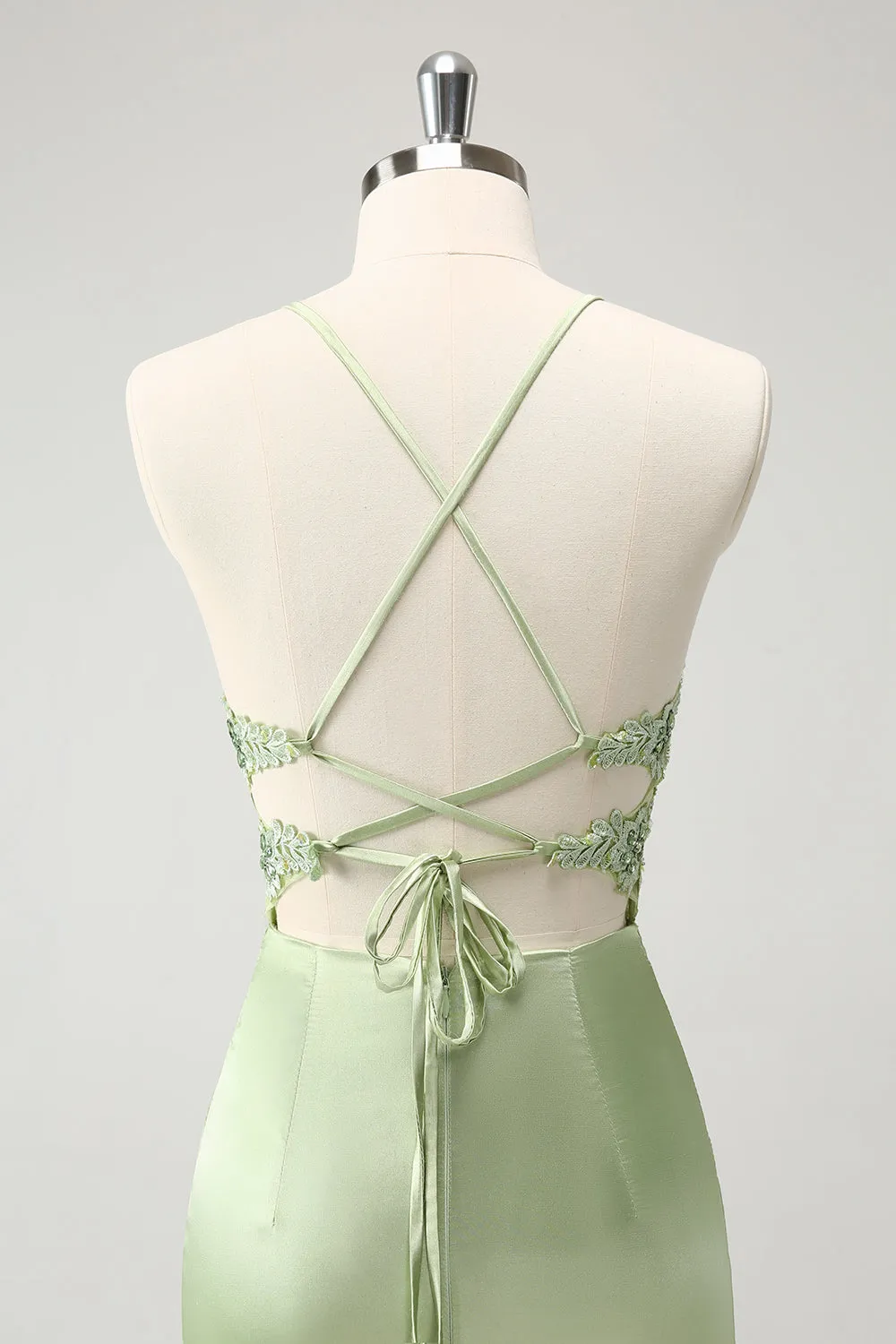 Stylish Green Sheath Criss Cross Back Corset Short Homecoming Dress with Appliques
