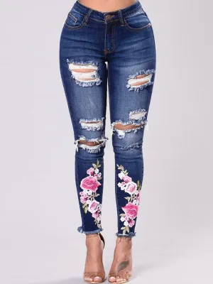 Stylish Hole Embroidery Easy Match Jeans