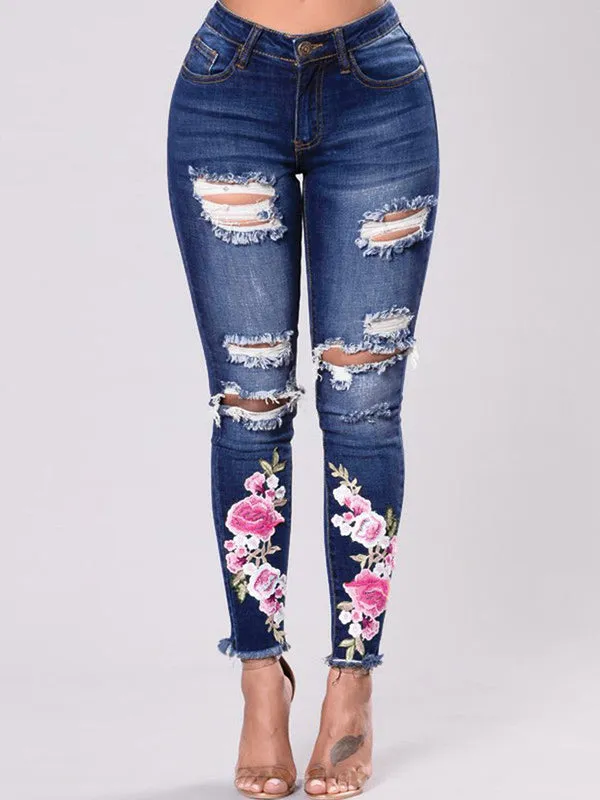 Stylish Hole Embroidery Easy Match Jeans